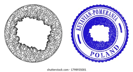 Mesh inverted round Kuyavian-Pomeranian Voivodeship map and grunge stamp. Kuyavian-Pomeranian Voivodeship map is inverted in a circle stamp.