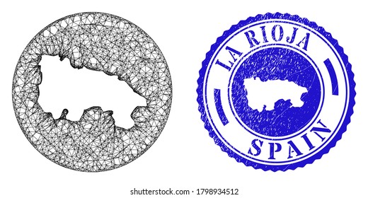 Mesh inverted round La Rioja of Spain map and grunge seal stamp. La Rioja of Spain map is stencil in a round stamp seal. Web mesh vector La Rioja of Spain map in a circle.