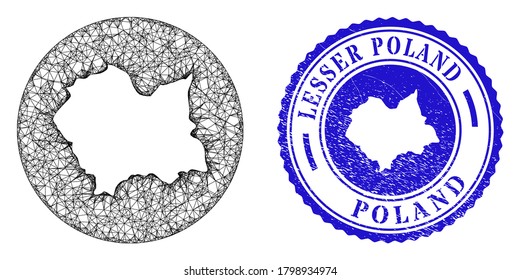 Mesh inverted round Lesser Poland Voivodeship map and scratched seal stamp. Lesser Poland Voivodeship map is a hole in a round seal. Web mesh vector Lesser Poland Voivodeship map in a circle.