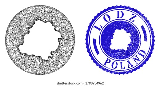 Mesh inverted round Lodz Voivodeship map and scratched stamp. Lodz Voivodeship map is inverted in a circle stamp seal. Web net vector Lodz Voivodeship map in a circle. Blue round grunge seal.