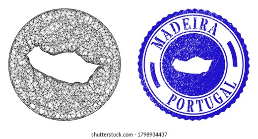 Mesh inverted round Madeira map and scratched seal stamp. Madeira map is a hole in a circle stamp. Web carcass vector Madeira map in a circle. Blue round textured stamp.