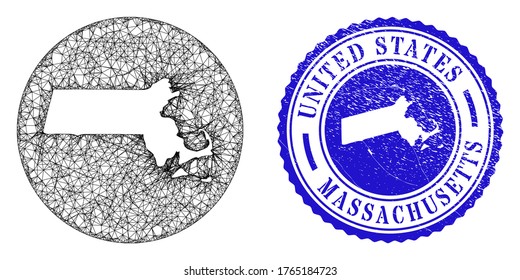 Mesh inverted round Massachusetts State map and grunge seal stamp. Massachusetts State map is inverted in a round stamp seal. Web carcass vector Massachusetts State map in a circle.