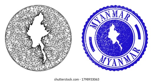 Mesh inverted round Myanmar map and grunge seal stamp. Myanmar map is carved in a round seal. Web mesh vector Myanmar map in a circle. Blue round grunge seal.