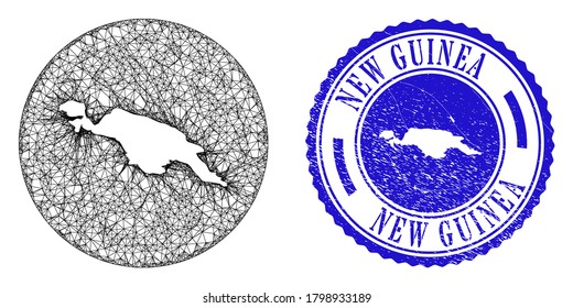 Mesh invertierte um die New-Guinea-Karte und kratzte Robbenstempel. Die neue Landkarte von Guinea ist in einer Kreisstempelrobbe umgedreht. Web-Netzwerk Vektor Neuguinea Karte in einem Kreis. Blaues rundes Wasserzeichen.