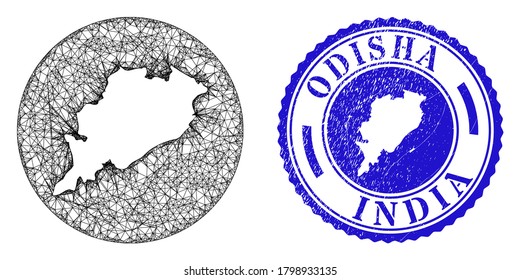 Mesh inverted round Odisha State map and grunge seal stamp. Odisha State map is a hole in a round stamp seal. Web carcass vector Odisha State map in a circle. Blue round distress seal.