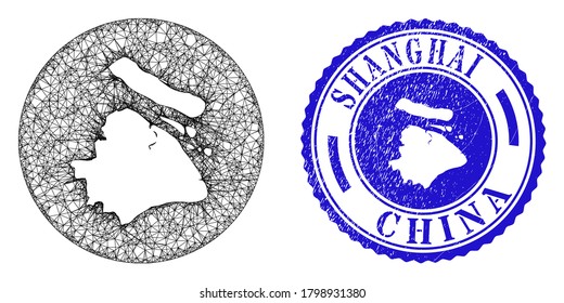 Mesh inverted round Shanghai City map and grunge seal. Shanghai City map is inverted in a round stamp seal. Web mesh vector Shanghai City map in a circle. Blue round distress stamp.