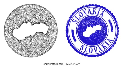 Mesh inverted round Slovakia map and grunge seal stamp. Slovakia map is a hole in a circle stamp. Web carcass vector Slovakia map in a circle. Blue round distress seal stamp.