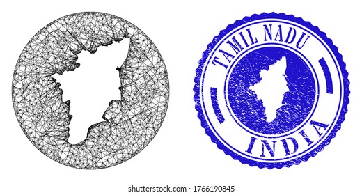 Mesh inverted round Tamil Nadu State map and scratched seal stamp. Tamil Nadu State map in a circle stamp seal. Web mesh vector Tamil Nadu State map in a circle. Blue round grunge stamp.