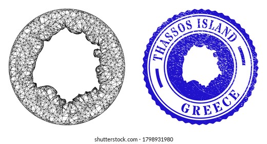 Mesh inverted round Thassos Island map and grunge seal stamp. Thassos Island map is a hole in a circle stamp seal. Web network vector Thassos Island map in a circle. Blue round grunge stamp.