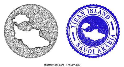 Mesh inverted round Tiran Island map and scratched seal stamp. Tiran Island map is inverted in a circle stamp seal. Web carcass vector Tiran Island map in a circle. Blue rounded distress seal.