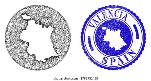 Mesh inverted round Valencia Province map and grunge seal stamp. Valencia Province map is inverted in a round stamp seal. Web net vector Valencia Province map in a circle.