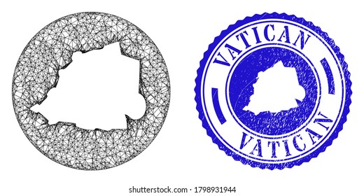 Mesh inverted round Vatican map and scratched stamp. Vatican map is a hole in a circle stamp seal. Web mesh vector Vatican map in a circle. Blue round distress watermark.