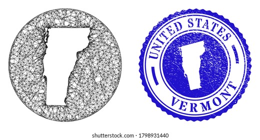 Mesh invertido alrededor del mapa del estado de Vermont y estampado de grunge. El mapa del estado de Vermont es un agujero en un sello de círculo. Mapa de Vermont vectorial de malla web en círculo. Sello de rayado redondo azul.