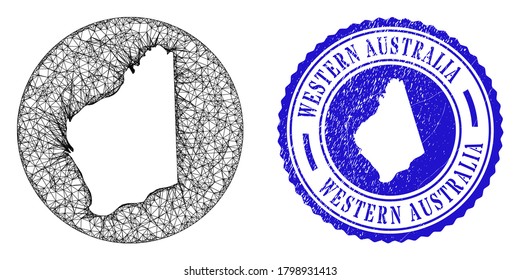 Mesh inverted round Western Australia map and grunge seal stamp. Western Australia map is a hole in a circle seal. Web net vector Western Australia map in a circle. Blue round grunge seal stamp.