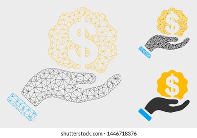 Mesh investor hand model with triangle mosaic icon. Wire carcass triangular mesh of investor hand. Vector mosaic of triangle parts in variable sizes, and color hues. Abstract 2d mesh investor hand,