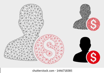 Mesh investor model with triangle mosaic icon. Wire frame polygonal mesh of investor. Vector composition of triangle parts in various sizes, and color tints. Abstract flat mesh investor,