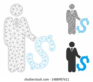 Mesh investor model with triangle mosaic icon. Wire carcass triangular network of investor. Vector mosaic of triangle elements in various sizes, and color tints. Abstract flat mesh investor,