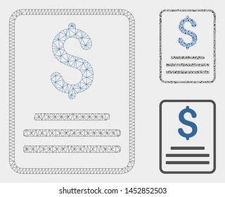 Mesh invoice budget model with triangle mosaic icon. Wire frame triangular network of invoice budget. Vector mosaic of triangle elements in different sizes, and color shades.