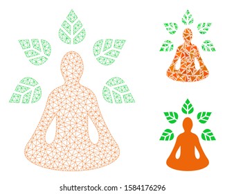 Mesh ioga wellness model with triangle mosaic icon. Wire carcass polygonal mesh of ioga wellness. Vector mosaic of triangle elements in various sizes, and color tones. Abstract 2d mesh ioga wellness,