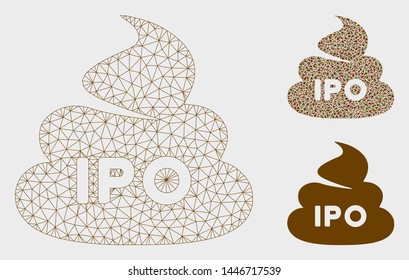 Mesh IPO shit model with triangle mosaic icon. Wire carcass polygonal network of IPO shit. Vector mosaic of triangle elements in various sizes, and color tones. Abstract flat mesh IPO shit,