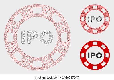 Mesh IPO token model with triangle mosaic icon. Wire carcass polygonal mesh of IPO token. Vector composition of triangle elements in different sizes, and color shades. Abstract flat mesh IPO token,