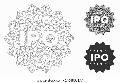 Mesh IPO token model with triangle mosaic icon. Wire frame polygonal mesh of IPO token. Vector mosaic of triangle parts in different sizes, and color tones. Abstract 2d mesh IPO token,