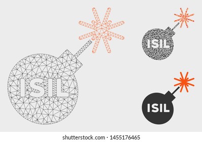 Mesh ISIL bomb model with triangle mosaic icon. Wire carcass polygonal mesh of ISIL bomb. Vector mosaic of triangles in variable sizes, and color shades. Abstract flat mesh ISIL bomb,