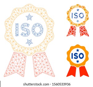 Mesh ISO certified model with triangle mosaic icon. Wire carcass triangular mesh of ISO certified. Vector composition of triangle parts in variable sizes, and color hues.