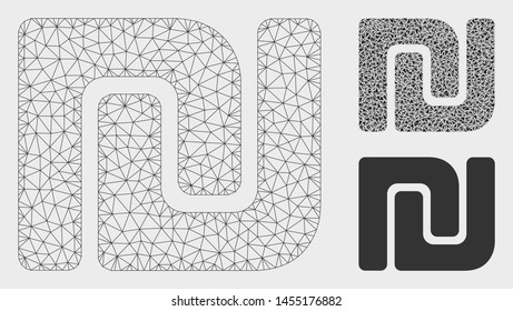 Mesh Israeli Shekel model with triangle mosaic icon. Wire frame polygonal mesh of Israeli Shekel. Vector mosaic of triangles in different sizes, and color tints. Abstract flat mesh Israeli Shekel,