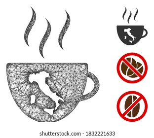 Mesh italian coffee cup polygonal web 2d vector illustration. Carcass model is based on italian coffee cup flat icon. Triangular network forms abstract italian coffee cup flat carcass.