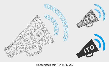 Mesh ITO alert megaphone model with triangle mosaic icon. Wire frame triangular mesh of ITO alert megaphone. Vector mosaic of triangles in various sizes, and color shades.
