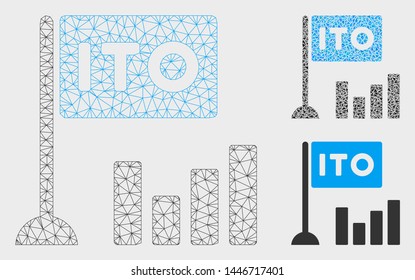 Mesh ITO bar chart model with triangle mosaic icon. Wire carcass polygonal mesh of ITO bar chart. Vector mosaic of triangle elements in various sizes, and color tints. Abstract 2d mesh ITO bar chart,