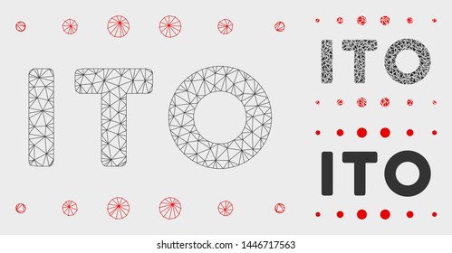 Mesh ITO caption model with triangle mosaic icon. Wire frame polygonal mesh of ITO caption. Vector mosaic of triangle parts in variable sizes, and color tinges. Abstract 2d mesh ITO caption,