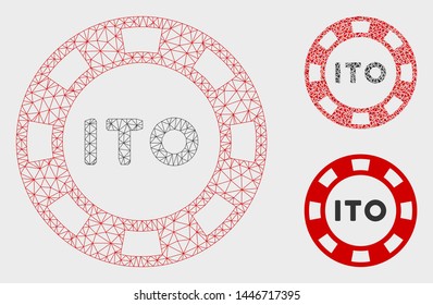 Mesh ITO token model with triangle mosaic icon. Wire frame polygonal mesh of ITO token. Vector mosaic of triangle parts in variable sizes, and color tinges. Abstract 2d mesh ITO token,