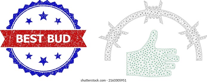 La cárcel de malla, como el icono de la estructura alambrada, y el sello bicolor de la marca Best Bud. El símbolo de malla inalámbrica está diseñado con un icono de cárcel. Impresión vectorial con el título Best Bud dentro de cinta roja y rosette azul,