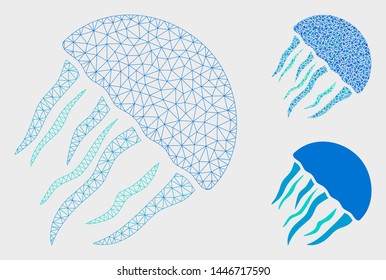 Mesh jellyfish model with triangle mosaic icon. Wire carcass polygonal mesh of jellyfish. Vector mosaic of triangle elements in various sizes, and color tinges. Abstract flat mesh jellyfish,