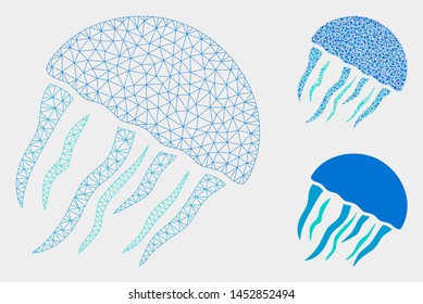 Mesh jellyfish model with triangle mosaic icon. Wire carcass polygonal mesh of jellyfish. Vector composition of triangles in different sizes, and color shades. Abstract 2d mesh jellyfish,