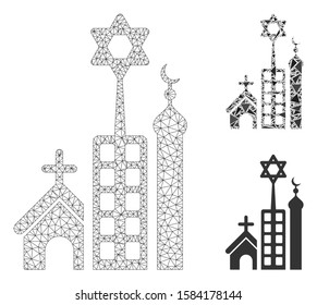 Mesh Jerusalem city model with triangle mosaic icon. Wire frame polygonal network of Jerusalem city. Vector mosaic of triangle parts in variable sizes, and color tones.