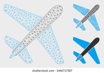 Mesh jet airplane model with triangle mosaic icon. Wire frame polygonal mesh of jet airplane. Vector mosaic of triangle parts in variable sizes, and color tones. Abstract flat mesh jet airplane,