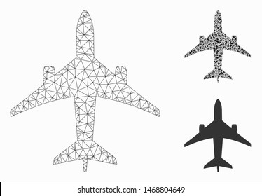 Mesh jet plane model with triangle mosaic icon. Wire carcass polygonal mesh of jet plane. Vector composition of triangle parts in variable sizes, and color tints. Abstract flat mesh jet plane,