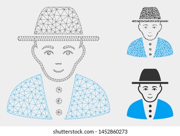 Mesh jew model with triangle mosaic icon. Wire carcass polygonal mesh of jew. Vector mosaic of triangle elements in various sizes, and color tints. Abstract 2d mesh jew, designed with polygonal grid.