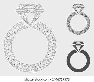 Mesh jewelry ring model with triangle mosaic icon. Wire frame triangular mesh of jewelry ring. Vector mosaic of triangle parts in variable sizes, and color tones. Abstract flat mesh jewelry ring,