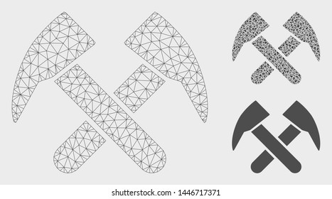 Mesh job hammers model with triangle mosaic icon. Wire frame polygonal network of job hammers. Vector collage of triangle elements in different sizes, and color tones. Abstract flat mesh job hammers,