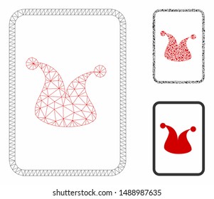Mesh joker gambling card model with triangle mosaic icon. Wire frame polygonal mesh of joker gambling card. Vector composition of triangle elements in variable sizes, and color hues.