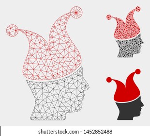 Mesh joker guy model with triangle mosaic icon. Wire carcass polygonal mesh of joker guy. Vector composition of triangle parts in various sizes, and color tinges. Abstract 2d mesh joker guy,