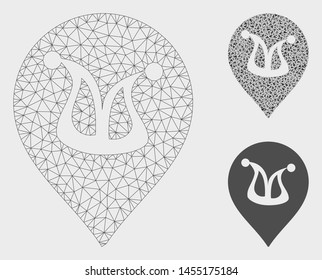 Mesh joker marker model with triangle mosaic icon. Wire frame polygonal mesh of joker marker. Vector composition of triangle elements in variable sizes, and color tones. Abstract 2d mesh joker marker,