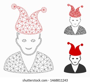 Mesh joker model with triangle mosaic icon. Wire carcass triangular mesh of joker. Vector mosaic of triangle parts in different sizes, and color tinges. Abstract 2d mesh joker,