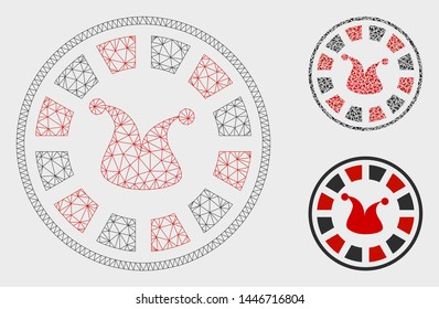Mesh joker roulette model with triangle mosaic icon. Wire carcass triangular mesh of joker roulette. Vector mosaic of triangle parts in different sizes, and color shades.
