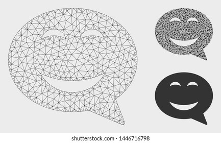 Mesh joy smiley message model with triangle mosaic icon. Wire frame polygonal mesh of joy smiley message. Vector mosaic of triangle elements in various sizes, and color tints.
