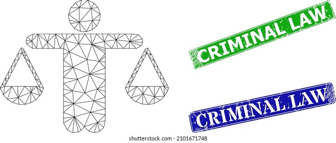 Mesh judge compare image, and Criminal Law blue and green rectangle textured seals. Mesh carcass symbol is created from judge compare pictogram. Seals include Criminal Law text inside rectangle frame.